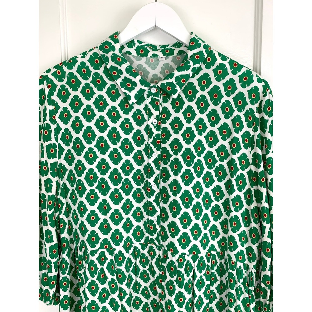 Anrabess Green Floral Puff Sleeve Maxi Shirt Dress XL Cottagecore Summer Resort - Picture 6 of 15